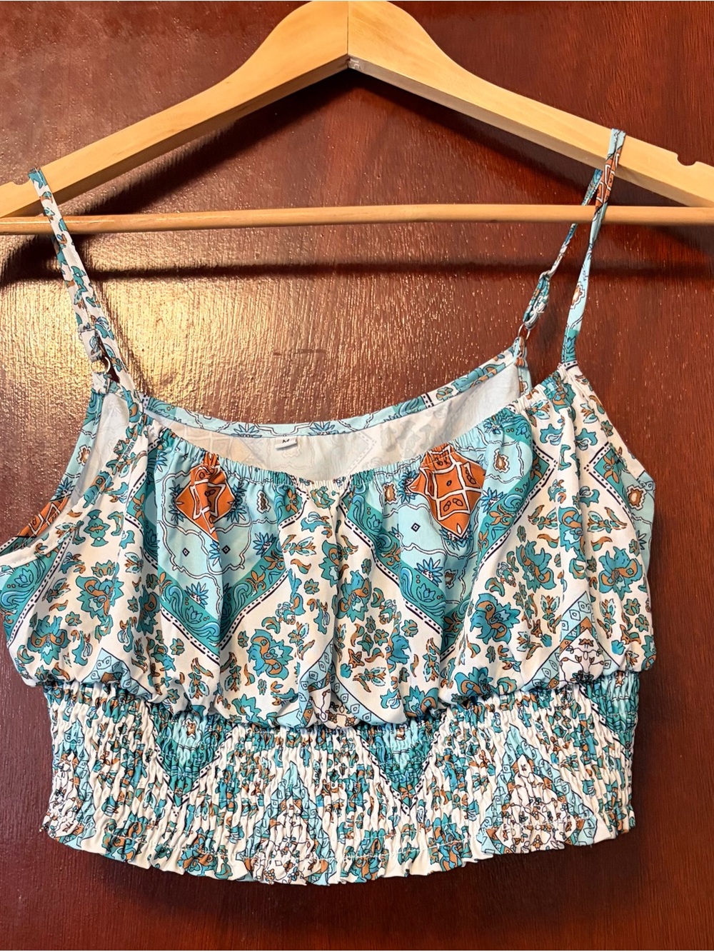 Women’s Zara Teal Paisley Smocked Crop Tank Top